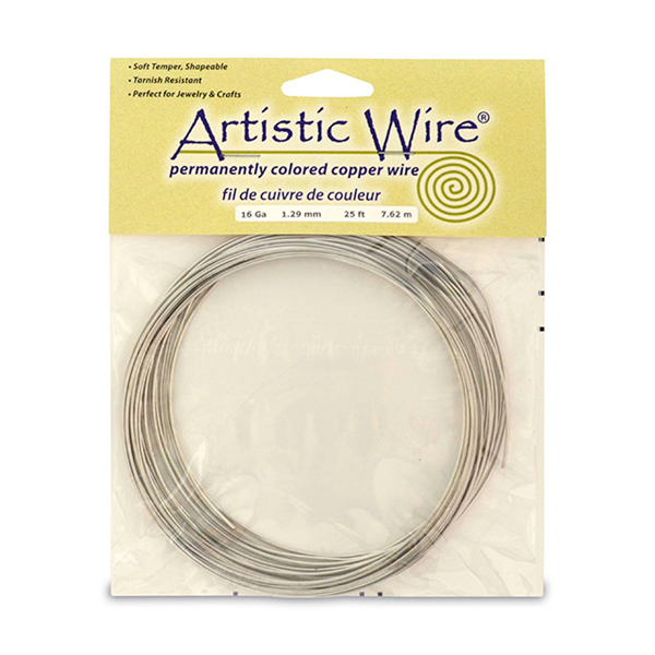 Artistic Wire, 16 Gauge / 1.3 mm Tarnish Resistant Tinned Copper Craft Wire, Silver Color, 25 ft / 7.6 m