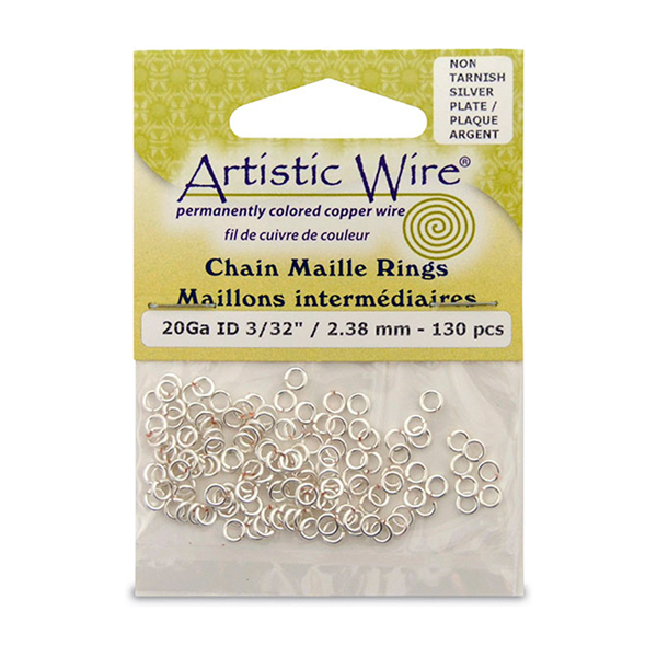 20 Gauge Artistic Wire, Chain Maille Rings, Round, Tarnish Resistant Silver, 3/32 in / 2.38 mm, 130 pc