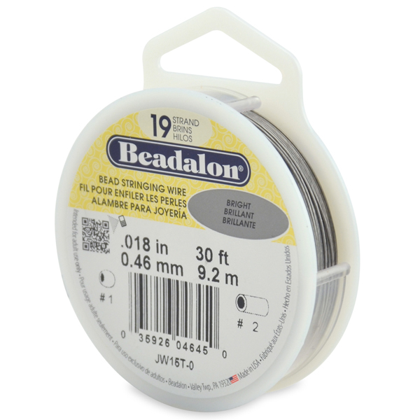 19 Strand Stainless Steel Bead Stringing Wire, .018 in / 0.46 mm, Bright, 30 ft / 9.2 m